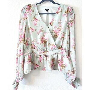Floral Surplice Peplum Blouse Cottagecore Express Sage Green Pink Rose  L